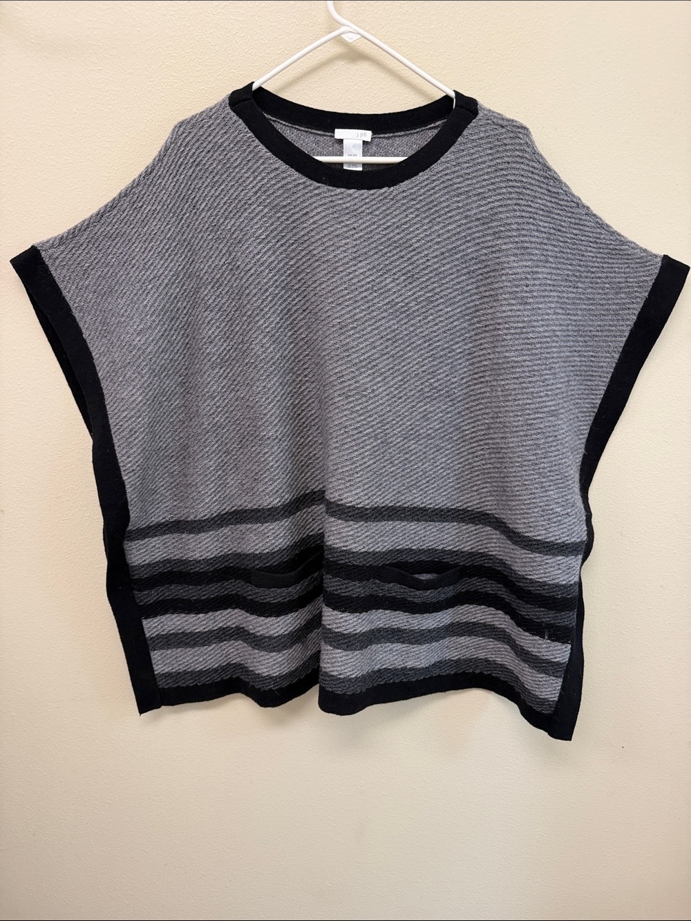 J. Jill Gray and Black Striped Knit Poncho